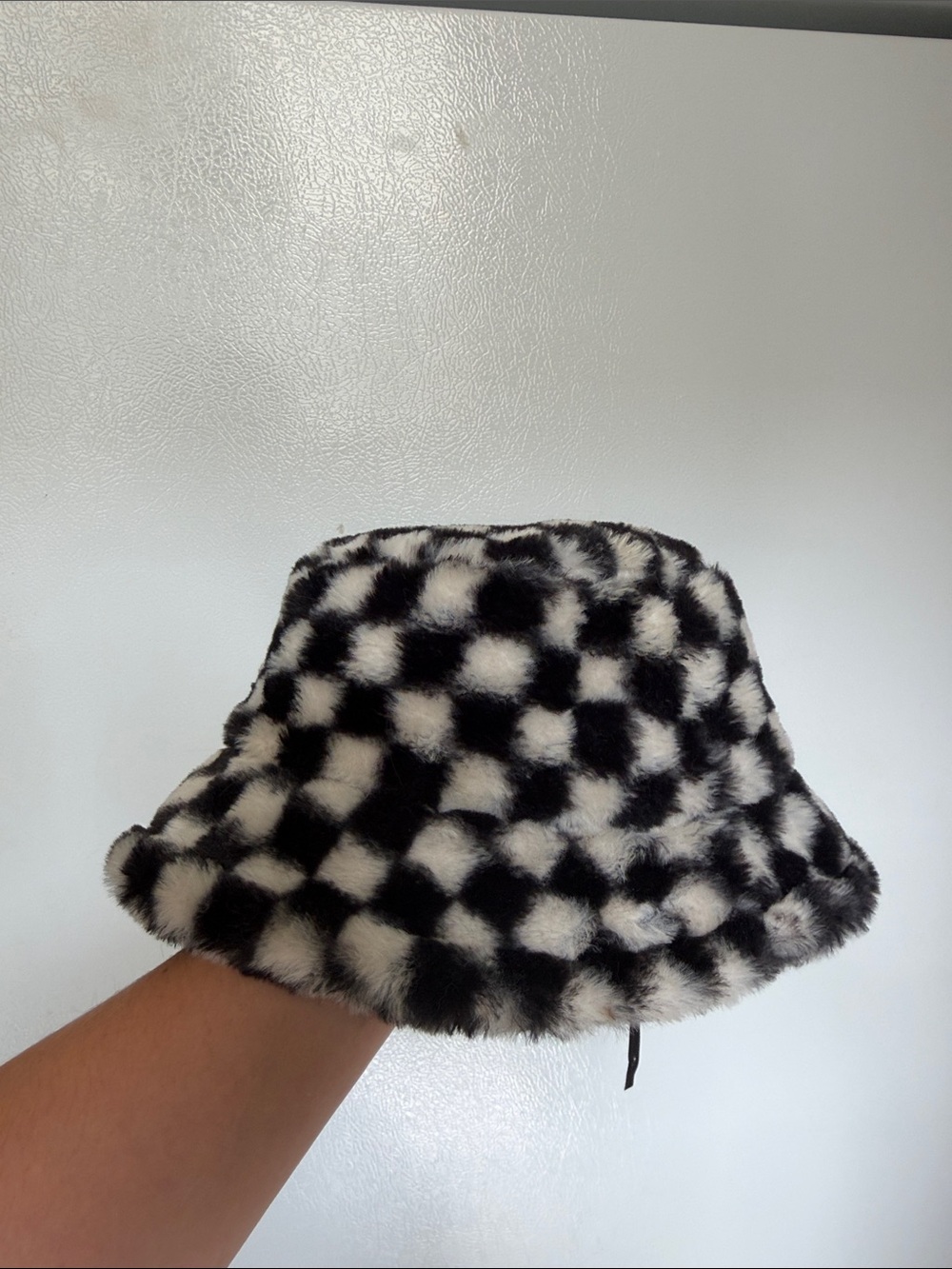 Faux Fur Checkered Bucket Hat - Black & White